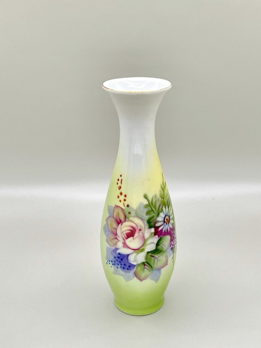 VTG Lefton China 5203 Mid Century Hand Painted Green Floral Porcelain Bud Vase
